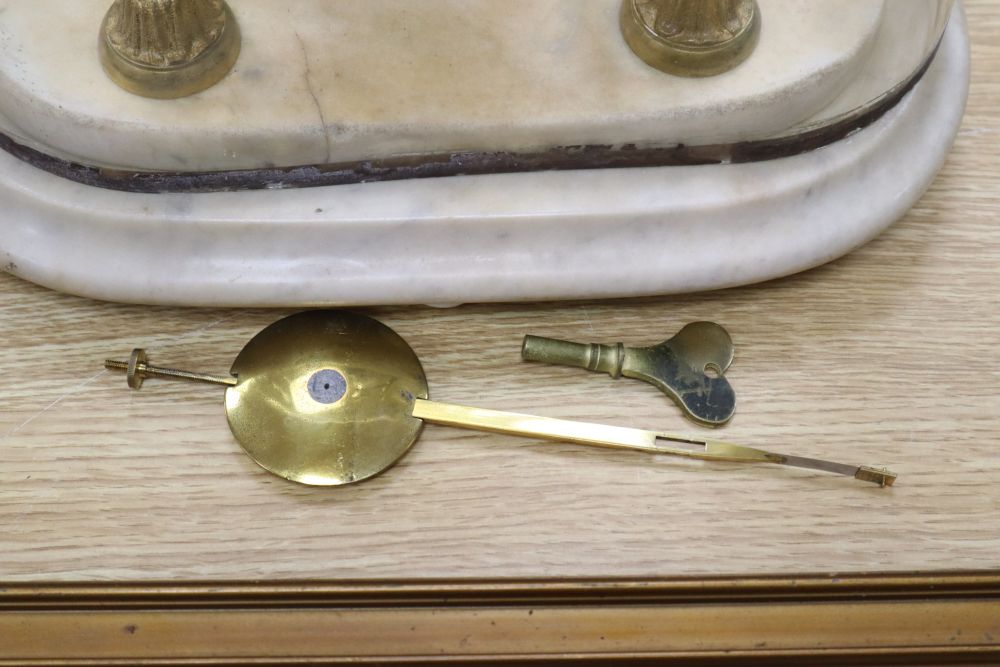 A fusee skeleton clock on marble base, under associated dome, height overall 39cm